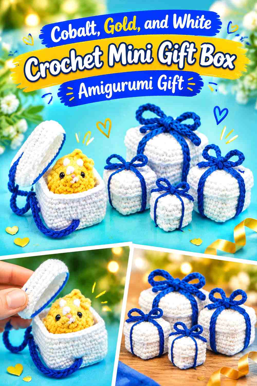 Cobalt, Gold, and White Crochet Mini Gift Box Amigurumi Gift