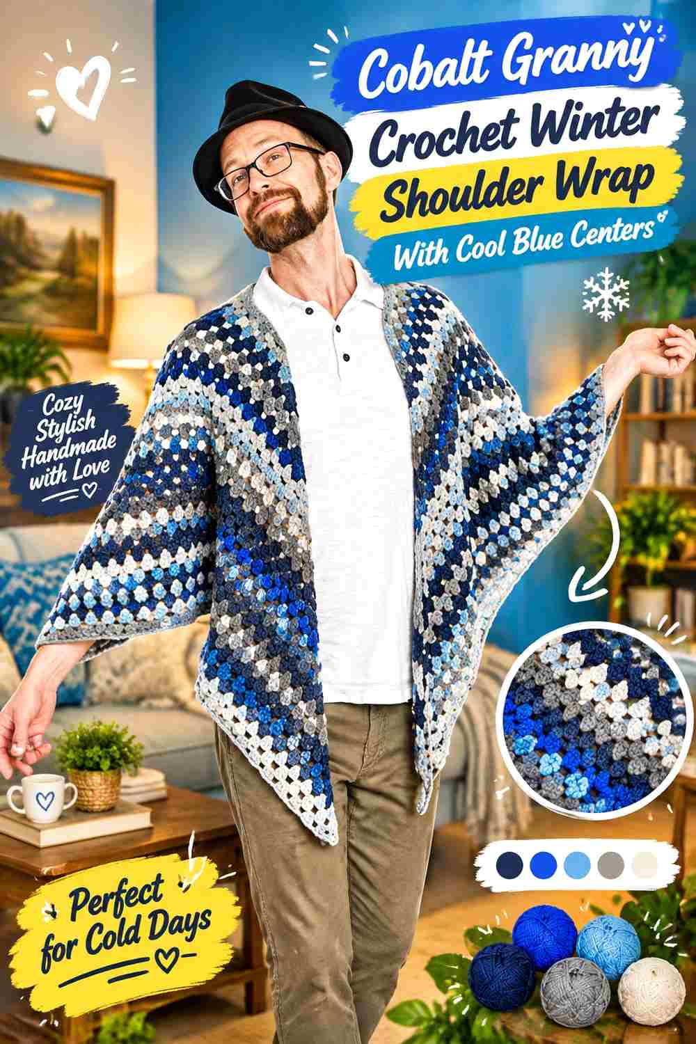 6. Cobalt Granny Crochet Winter Shoulder Wrap With Cool Blue Centers