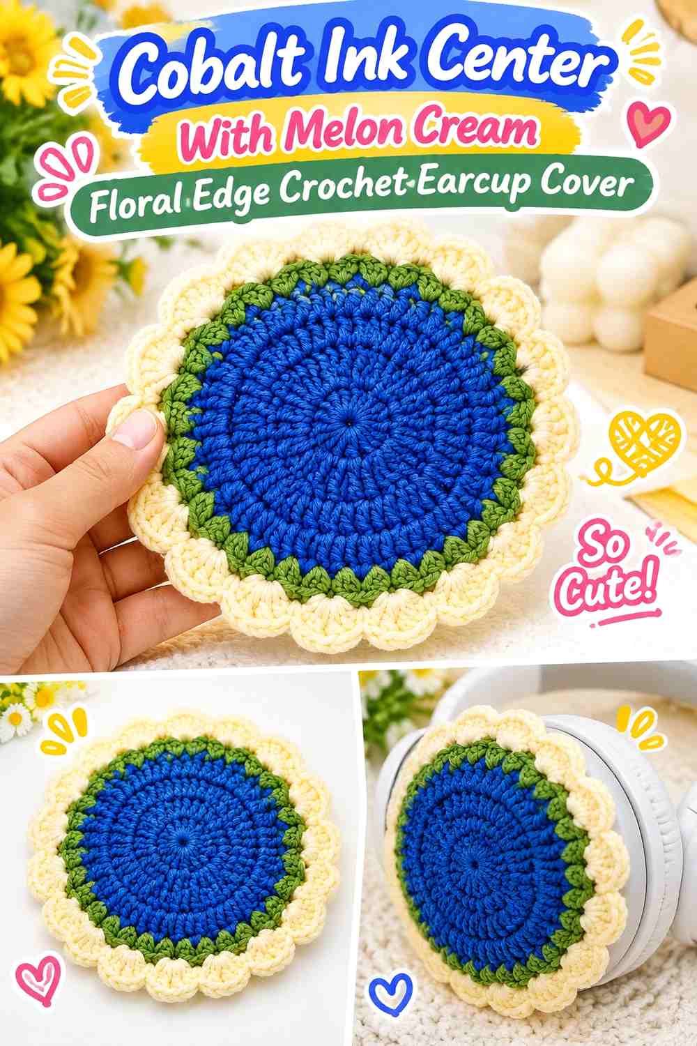 Cobalt Ink Center With Melon Cream Floral Edge Crochet Earcup Cover