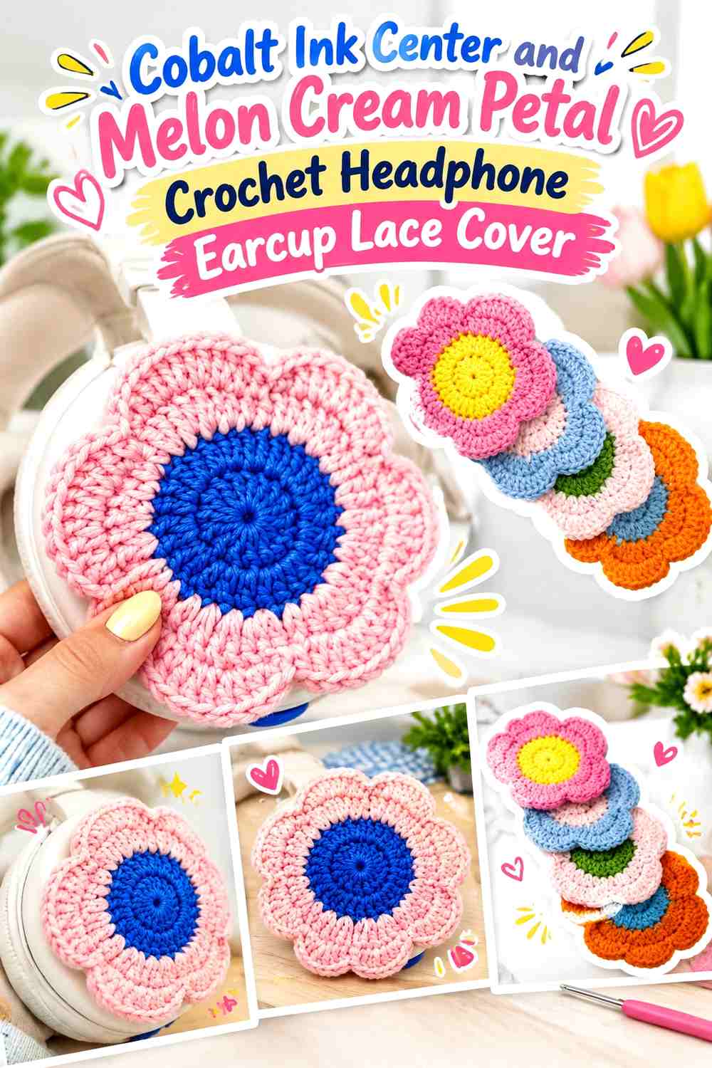 Cobalt Ink Center and Melon Cream Petal Crochet Headphone Earcup Lace Cover