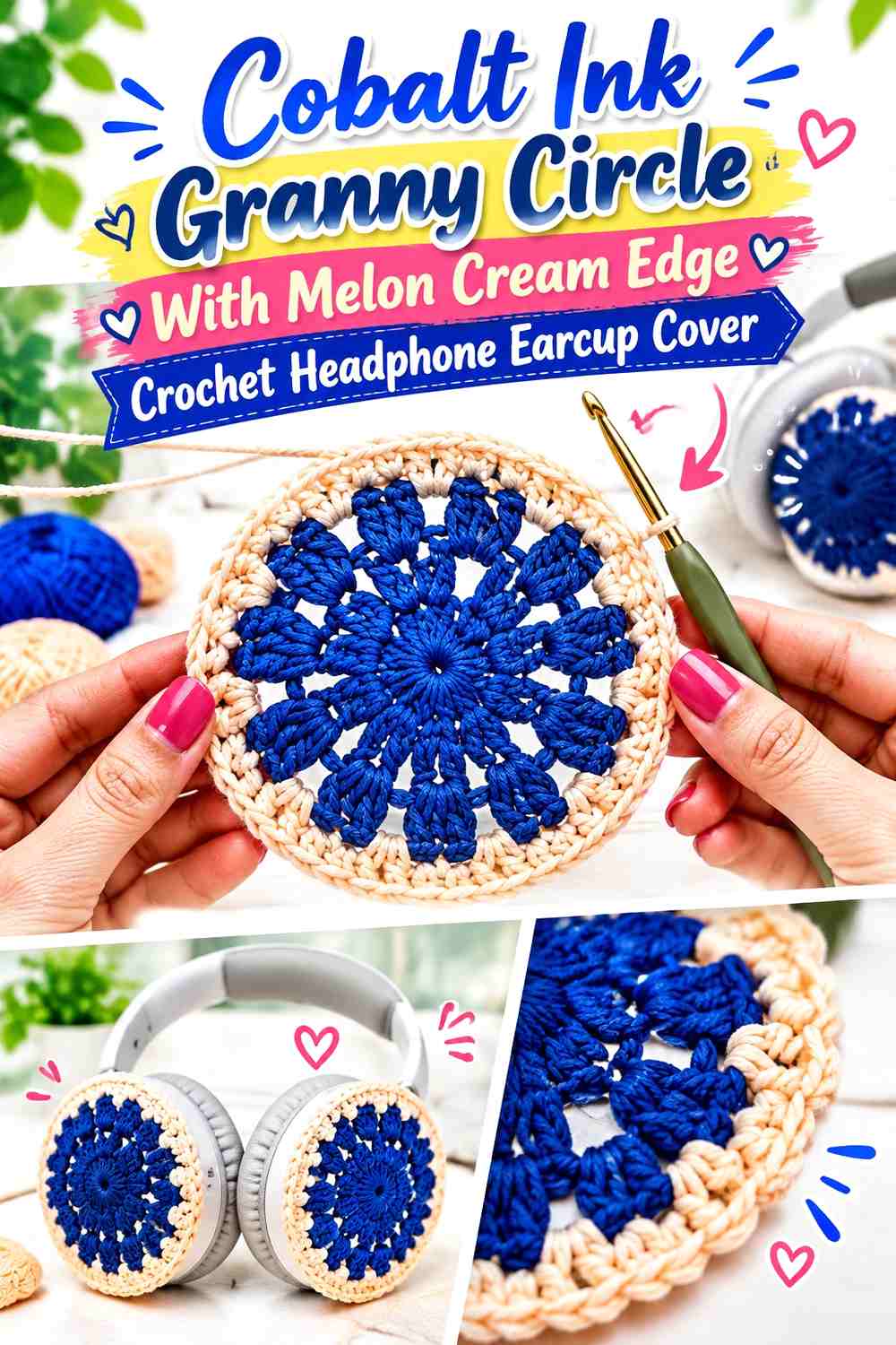 Cobalt Ink Granny Circle With Melon Cream Edge Crochet Headphone Earcup Cover