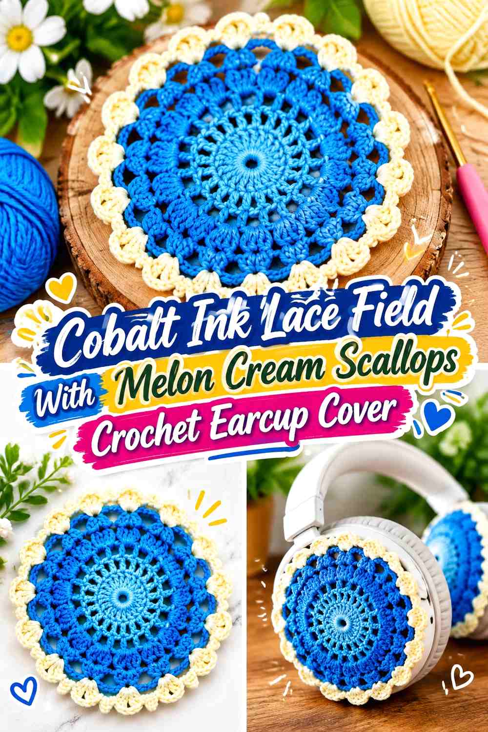 Cobalt Ink Lace Field With Melon Cream Scallops Crochet Earcup Cover