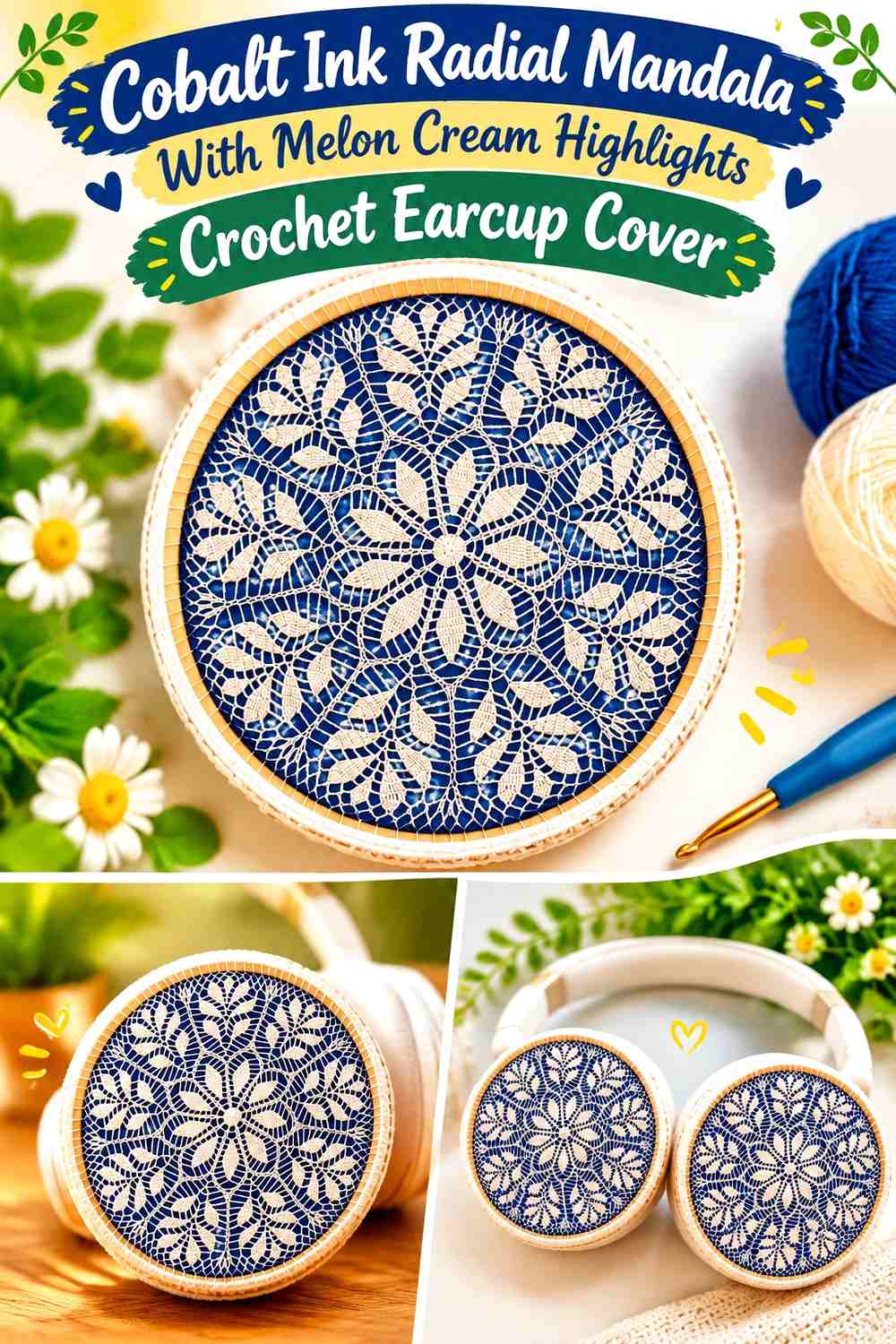 Cobalt Ink Radial Mandala With Melon Cream Highlights Crochet Earcup Cover