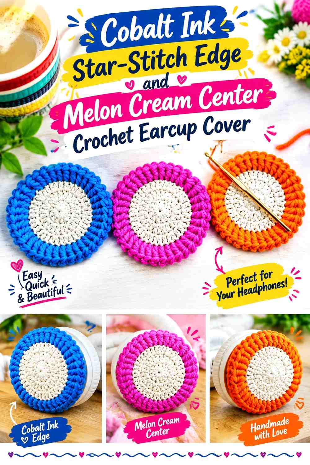 Cobalt Ink Star-Stitch Edge and Melon Cream Center Crochet Earcup Cover