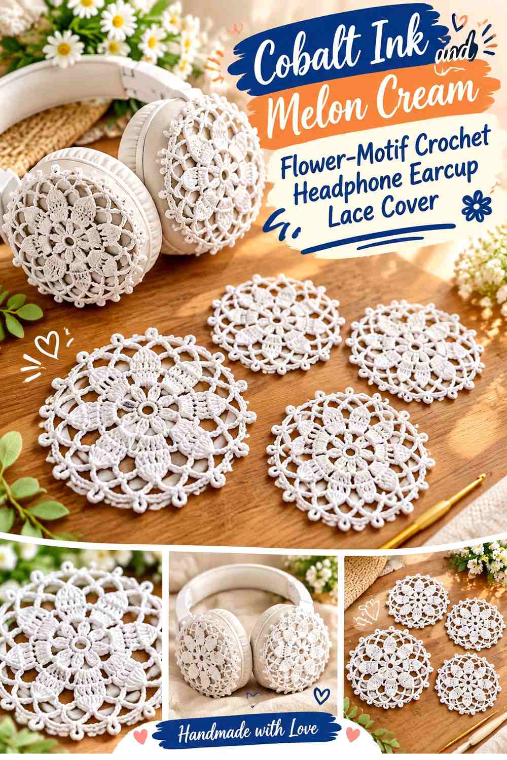Cobalt Ink and Melon Cream Flower-Motif Crochet Headphone Earcup Lace Cover