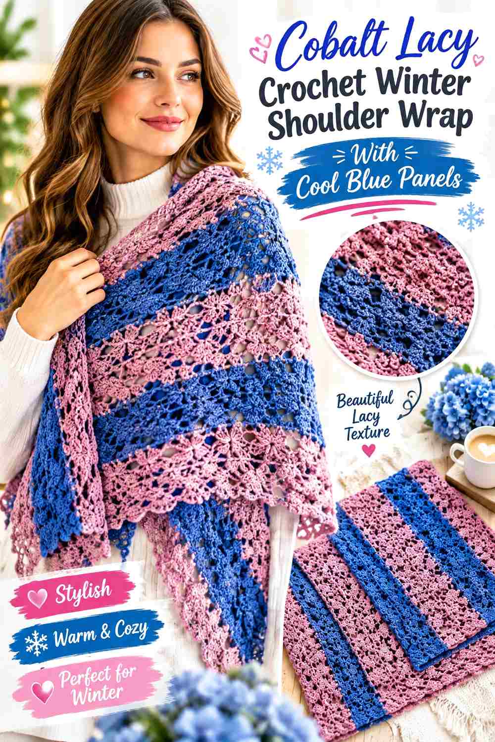 10. Cobalt Lacy Crochet Winter Shoulder Wrap With Cool Blue Panels