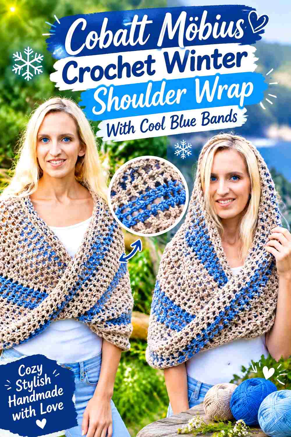 4. Cobalt Mobius Crochet Winter Shoulder Wrap With Cool Blue Bands