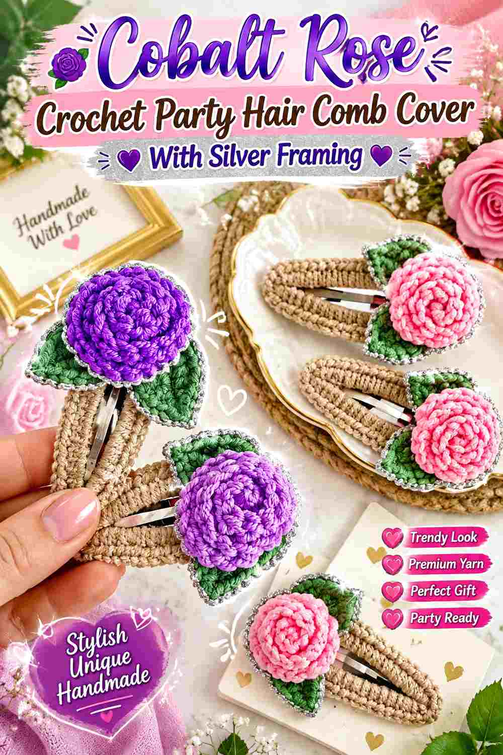 9. Cobalt Rose Crochet Party Hair Comb Cover With Silver Framing