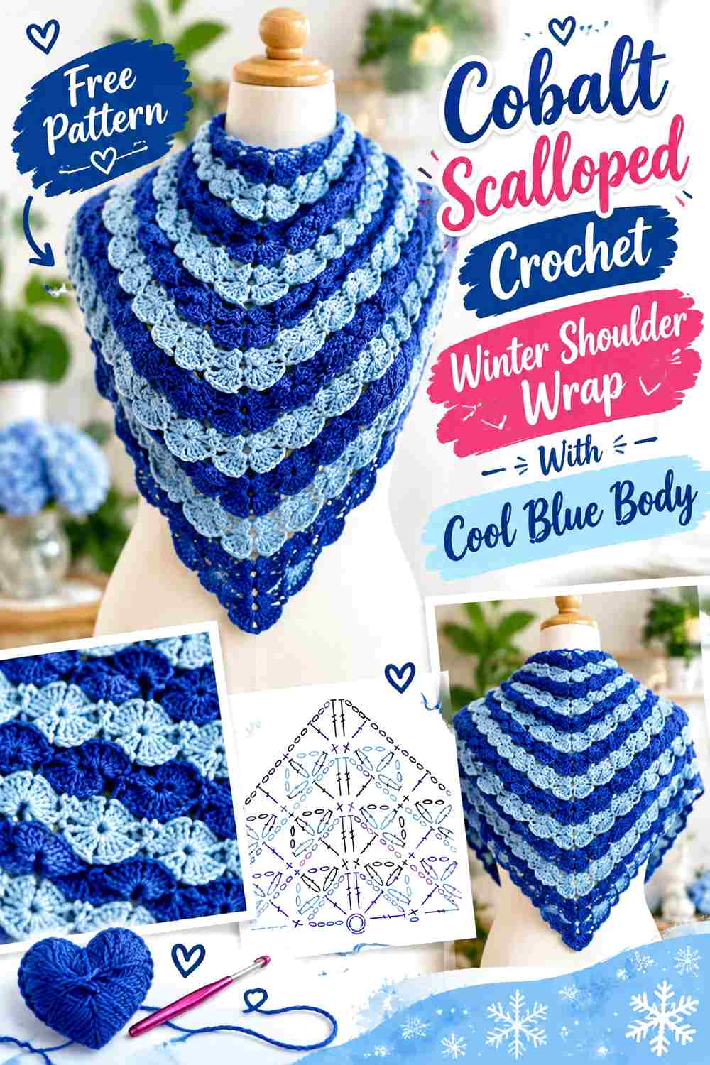 12. Cobalt Scalloped Crochet Winter Shoulder Wrap With Cool Blue Body
