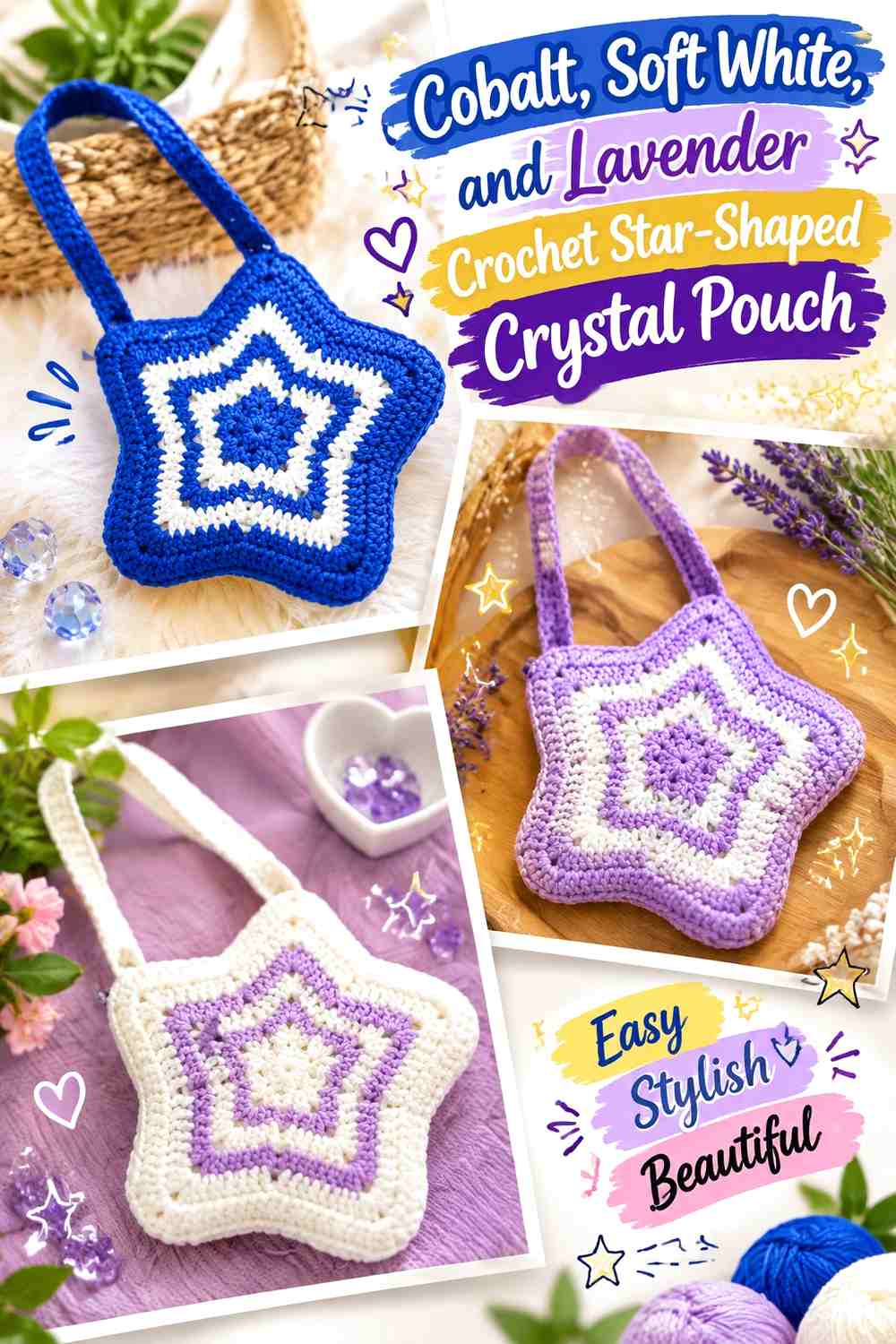 Cobalt, Soft White, and Lavender Crochet Star-Shaped Crystal Pouch