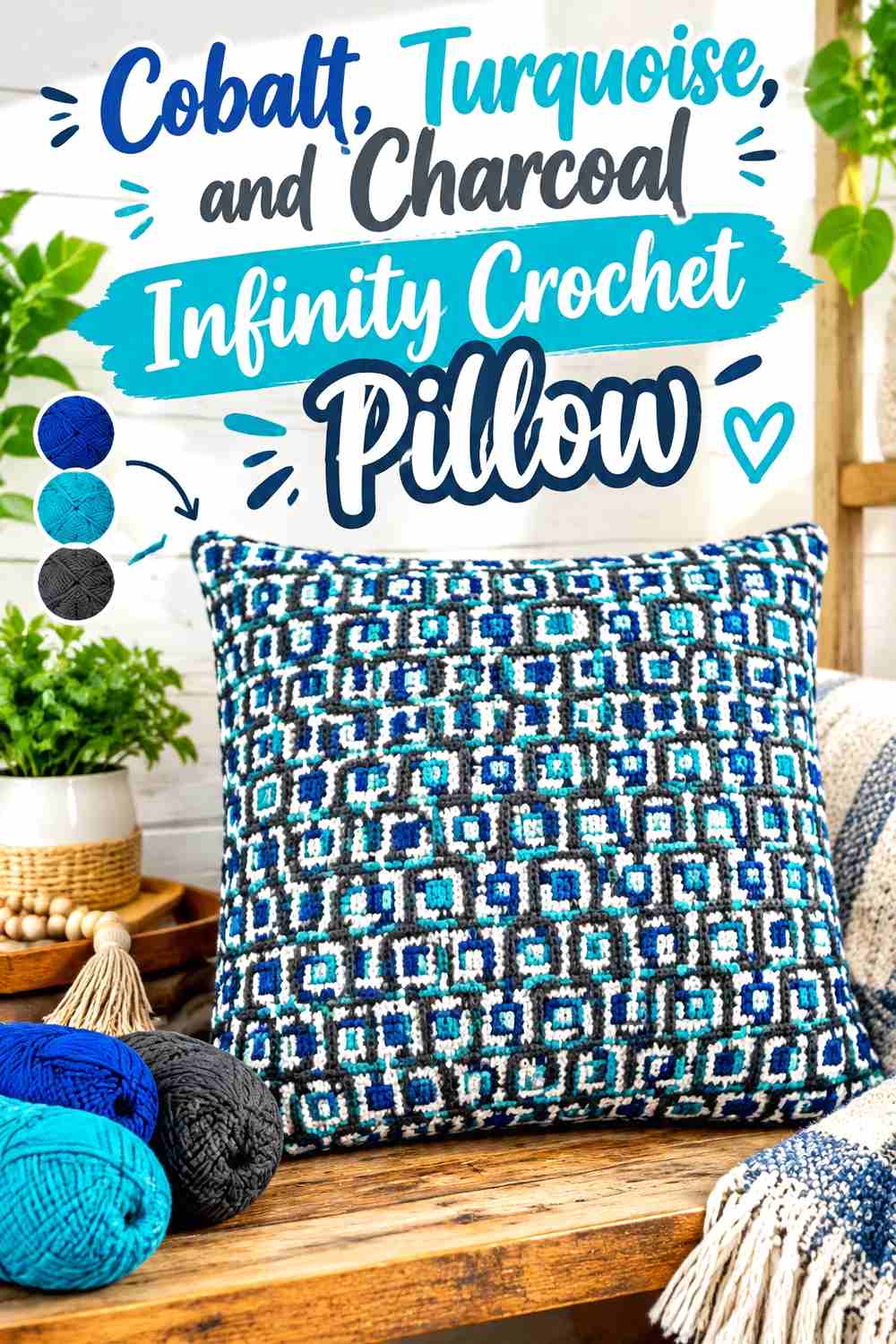 4. Cobalt Turquoise And Charcoal Infinity Crochet Pillow