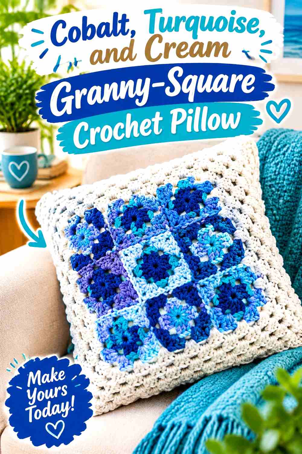 12. Cobalt Turquoise And Cream Granny Square Crochet Pillow