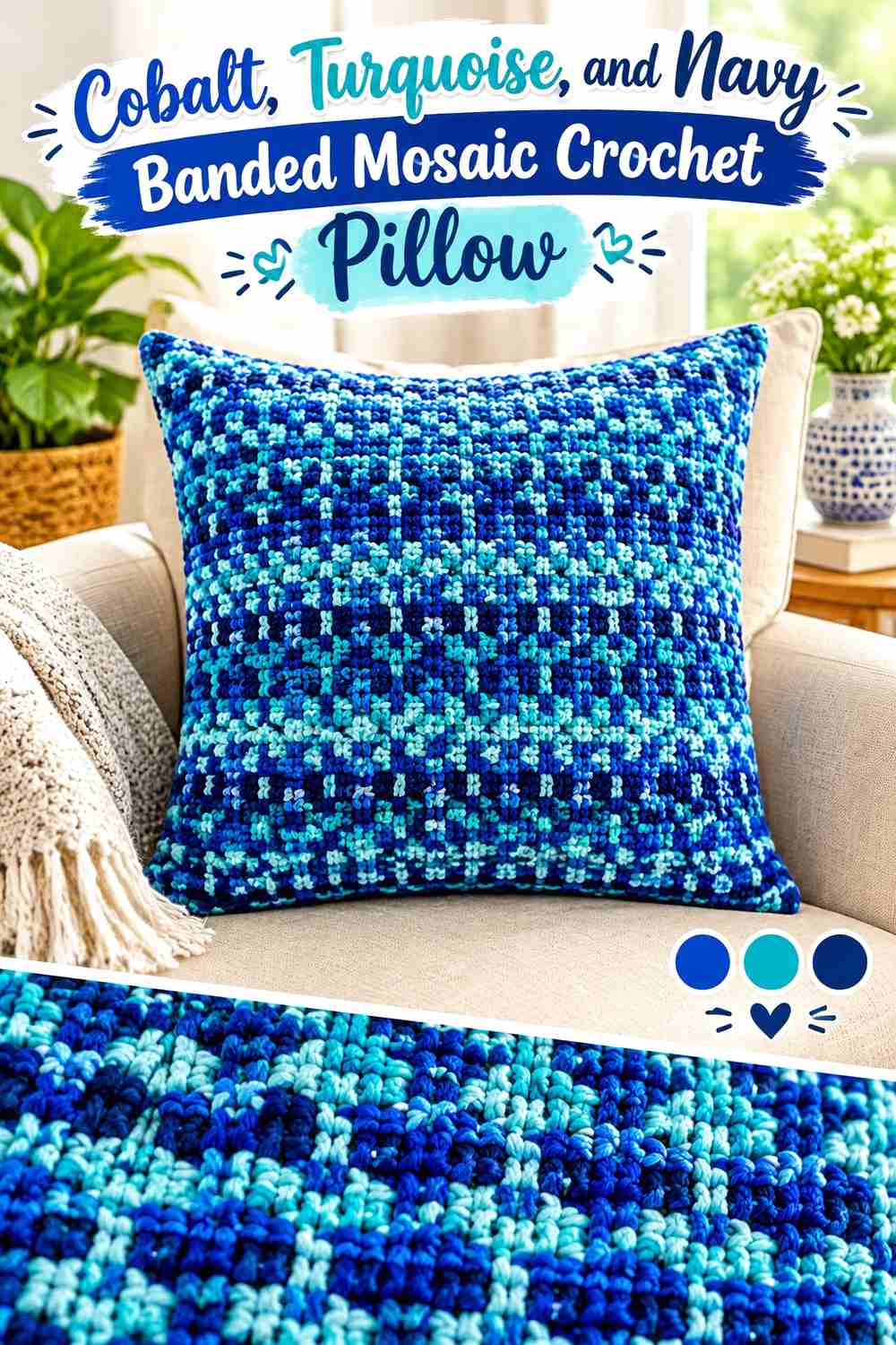 3. Cobalt Turquoise And Navy Banded Mosaic Crochet Pillow