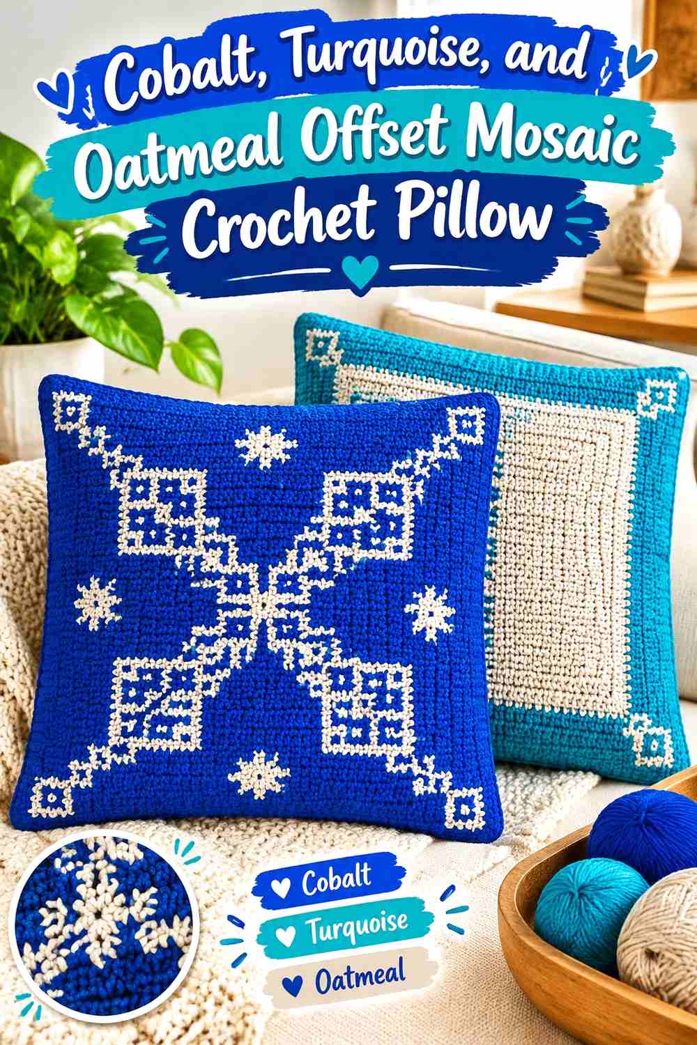 5. Cobalt Turquoise And Oatmeal Offset Mosaic Crochet Pillow
