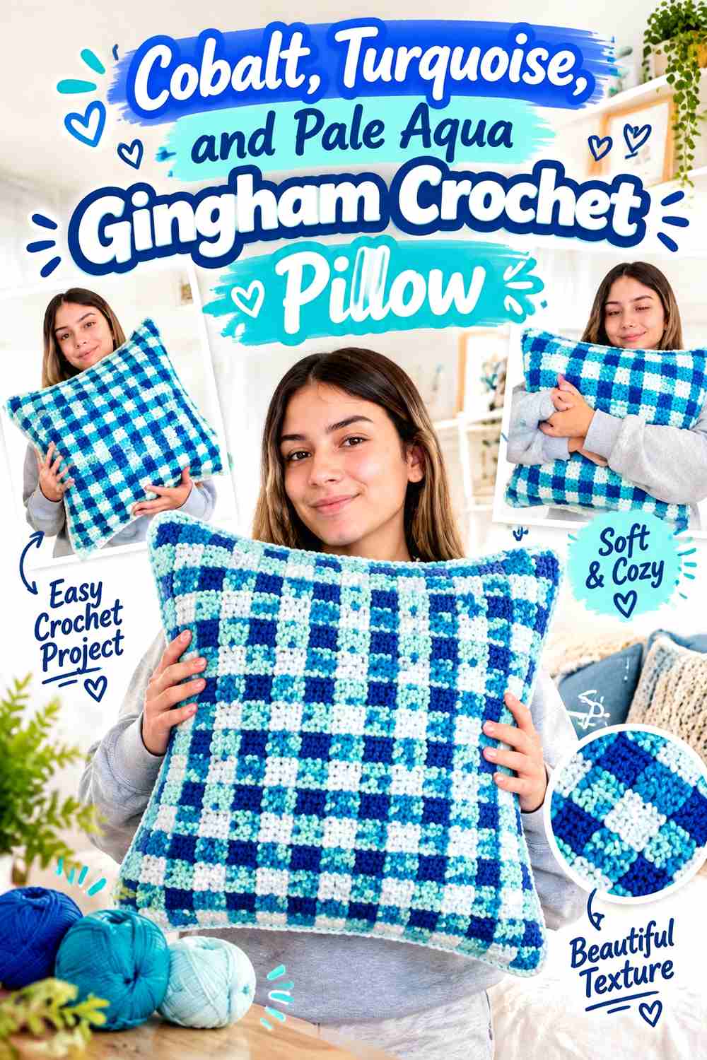 10. Cobalt Turquoise And Pale Aqua Gingham Crochet Pillow