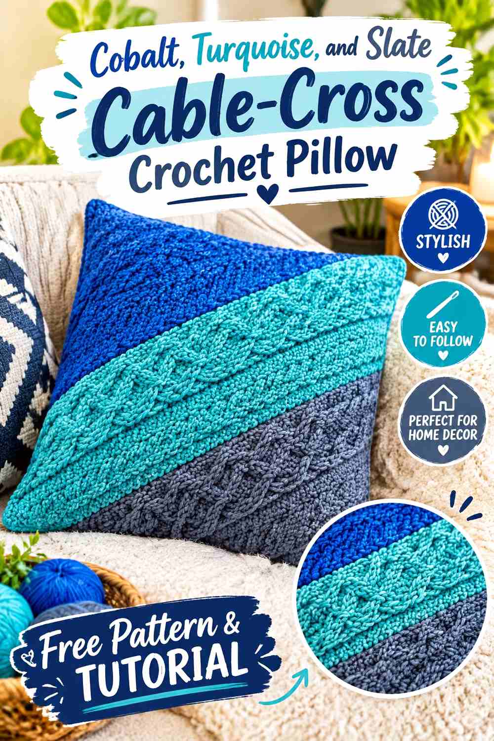 8. Cobalt Turquoise And Slate Cable Cross Crochet Pillow