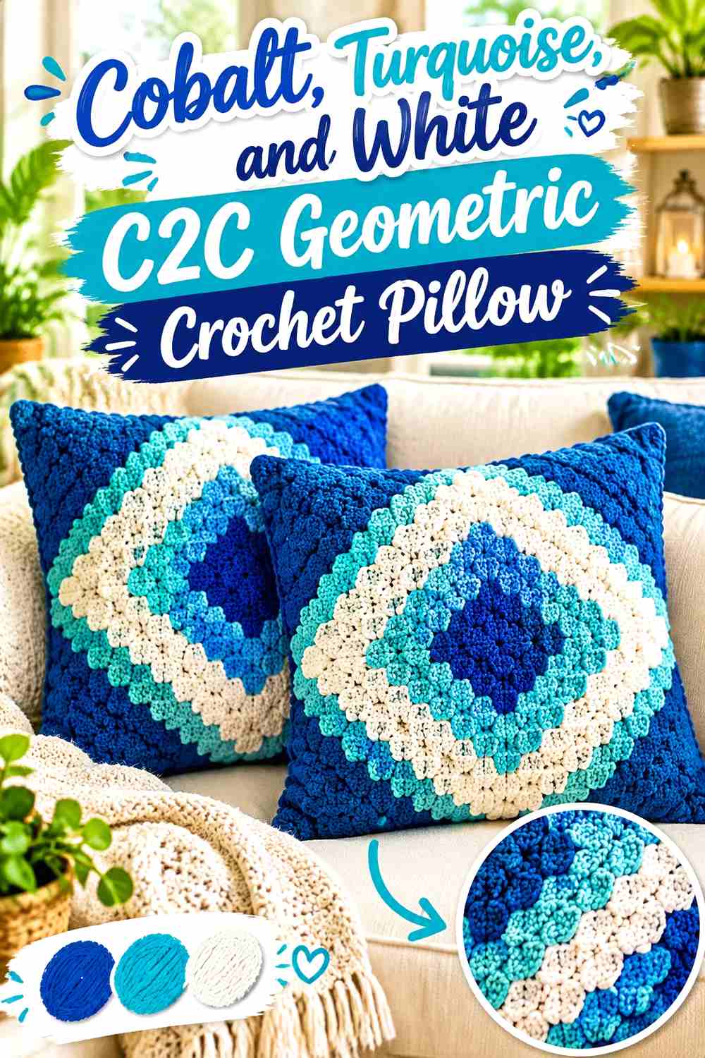7. Cobalt Turquoise And White C2c Geometric Crochet Pillow