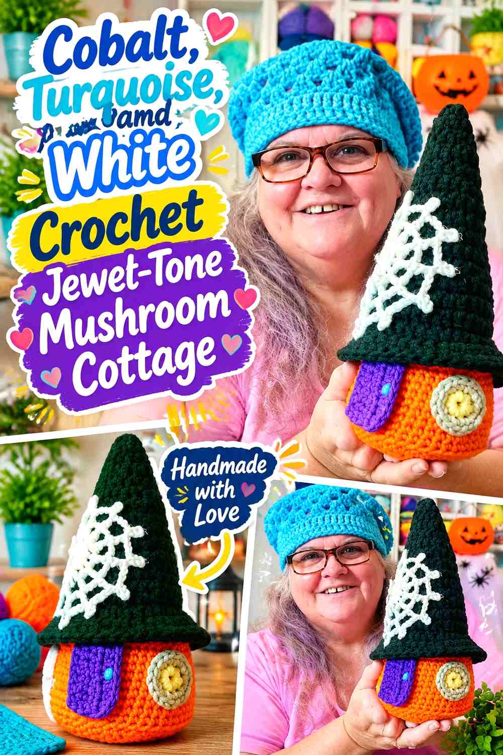 Cobalt, Turquoise, and White Crochet Jewel-Tone Mushroom Cottage