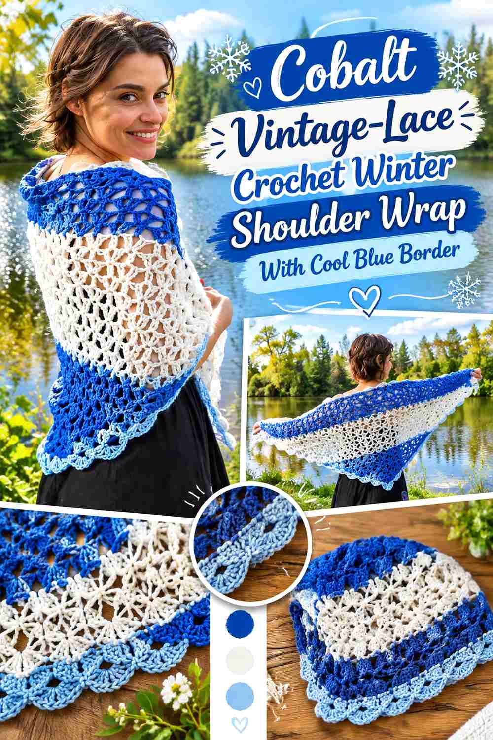 14. Cobalt Vintage Lace Crochet Winter Shoulder Wrap With Cool Blue Border