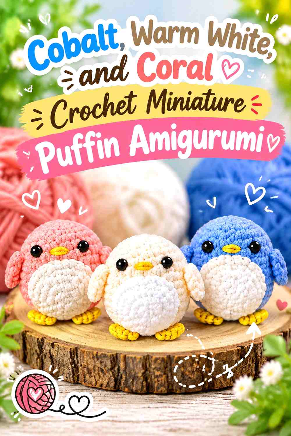 Cobalt, Warm White, and Coral Crochet Miniature Puffin Amigurumi