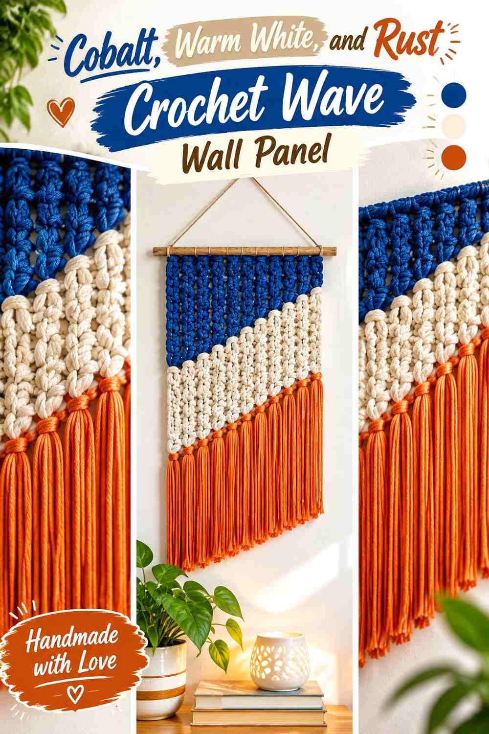 Cobalt, Warm White, and Rust Crochet Wave Wall Panel