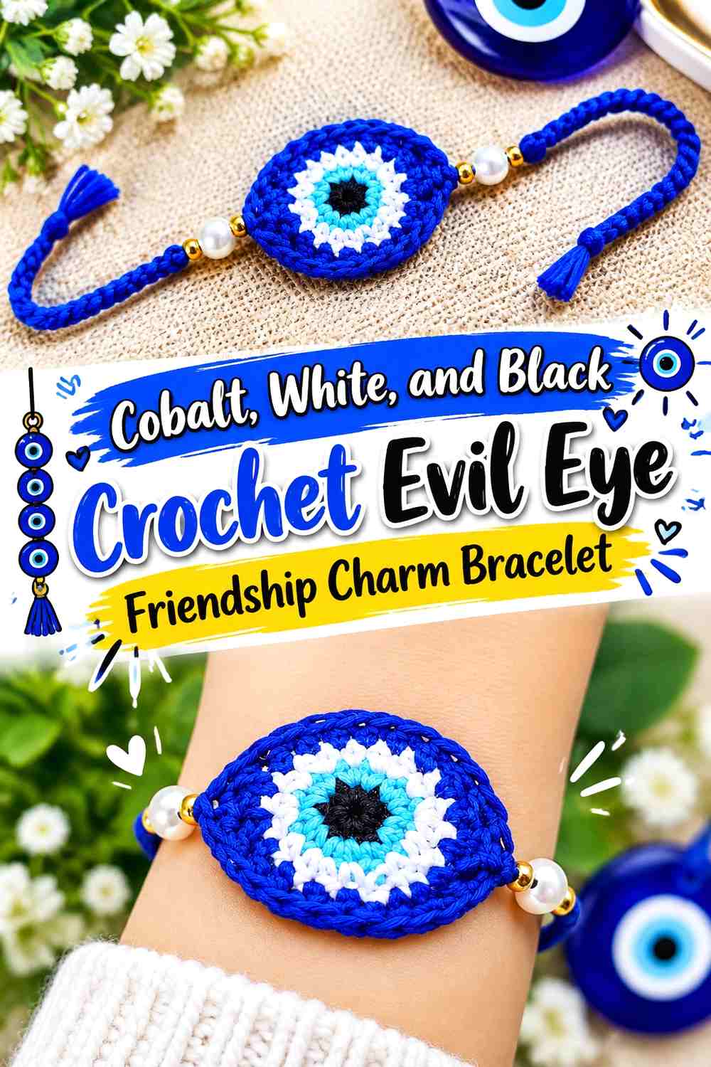 Cobalt, White, and Black Crochet Evil Eye Friendship Charm Bracelet