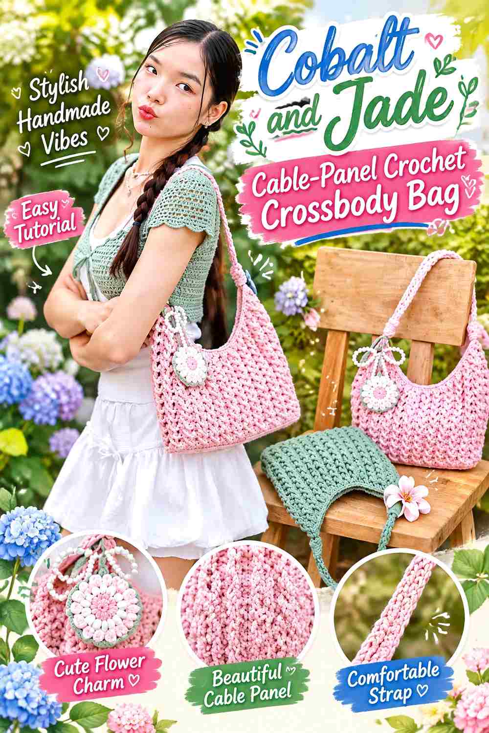 13. Cobalt And Jade Cable Panel Crochet Crossbody Bag