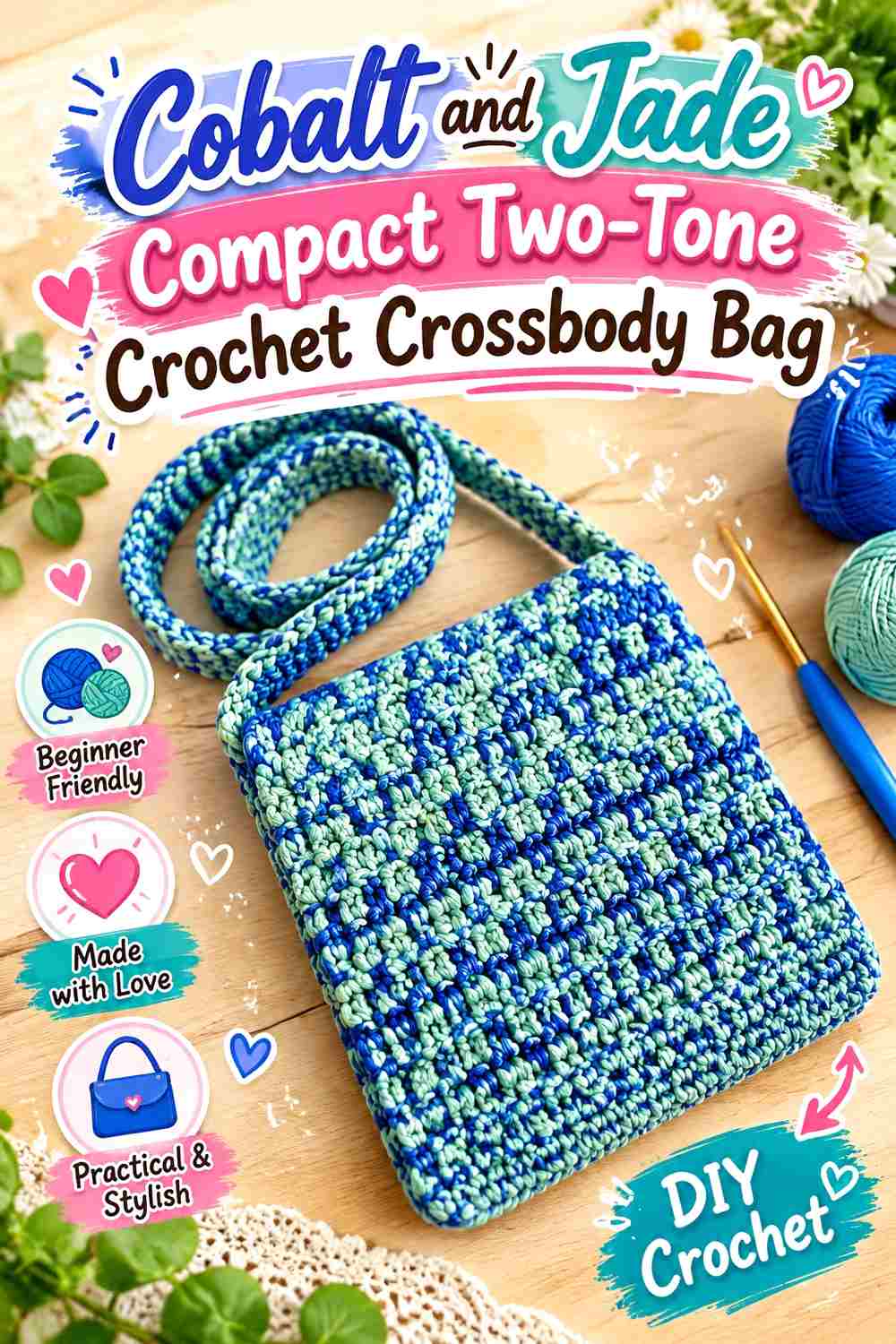 18. Cobalt And Jade Compact Two Tone Crochet Crossbody Bag