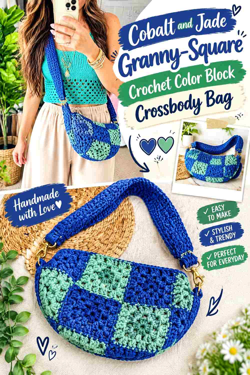 7. Cobalt And Jade Granny Square Crochet Color Block Crossbody Bag
