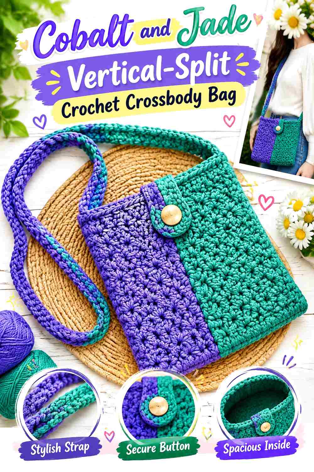 2. Cobalt And Jade Vertical Split Crochet Crossbody Bag