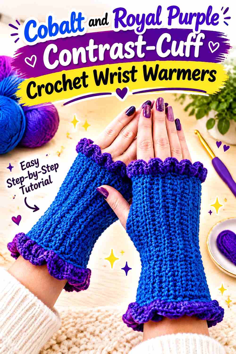 1. Cobalt And Royal Purple Contrast Cuff Crochet Wrist Warmers