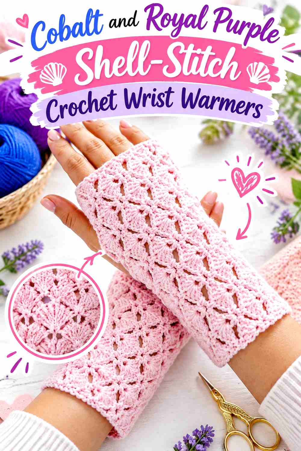 11. Cobalt And Royal Purple Shell Stitch Crochet Wrist Warmers