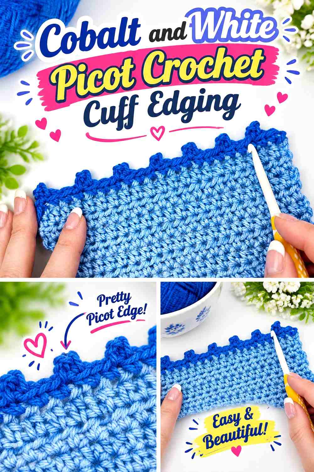 Cobalt and White Picot Crochet Cuff Edging
