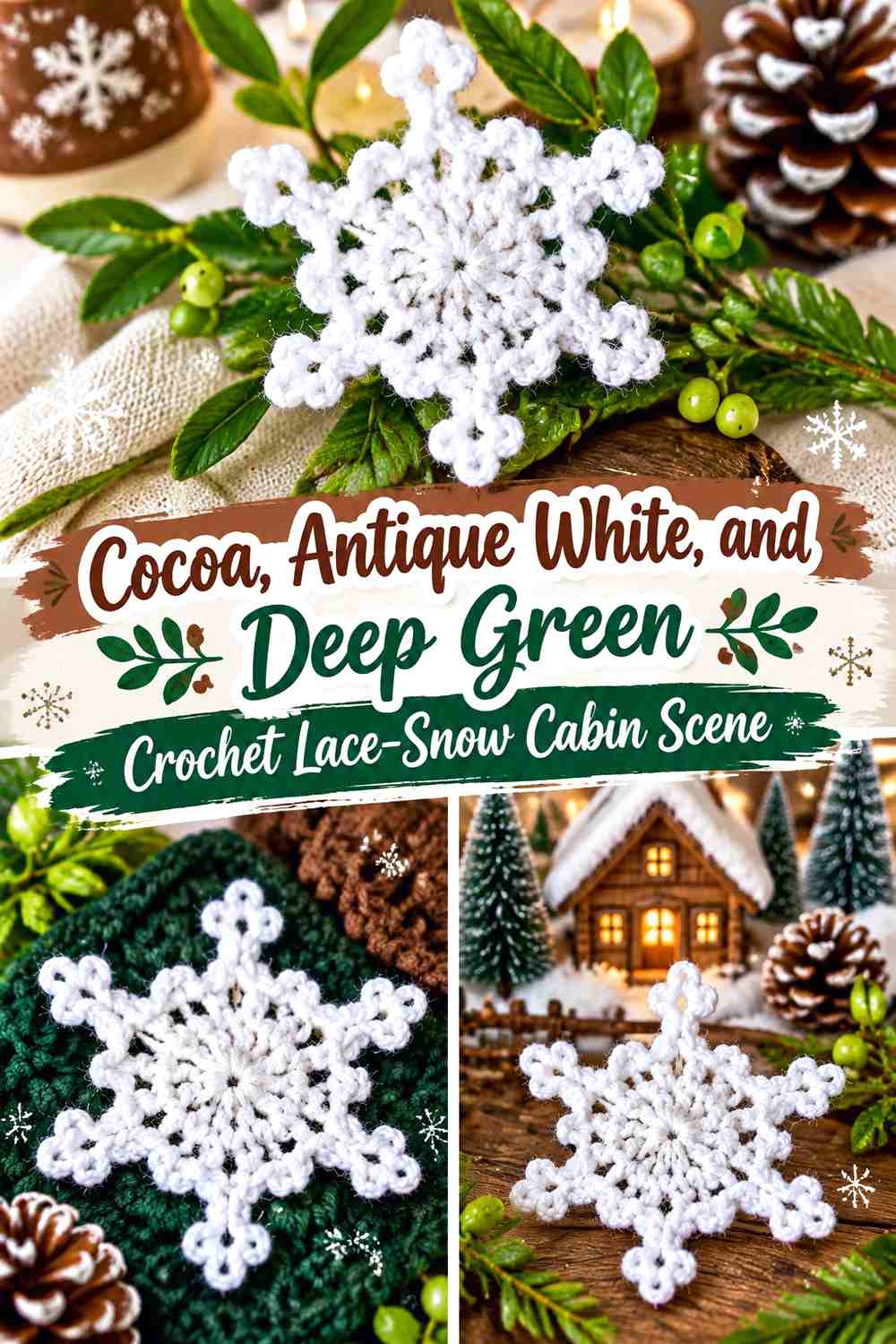 Cocoa, Antique White, and Deep Green Crochet Lace-Snow Cabin Scene