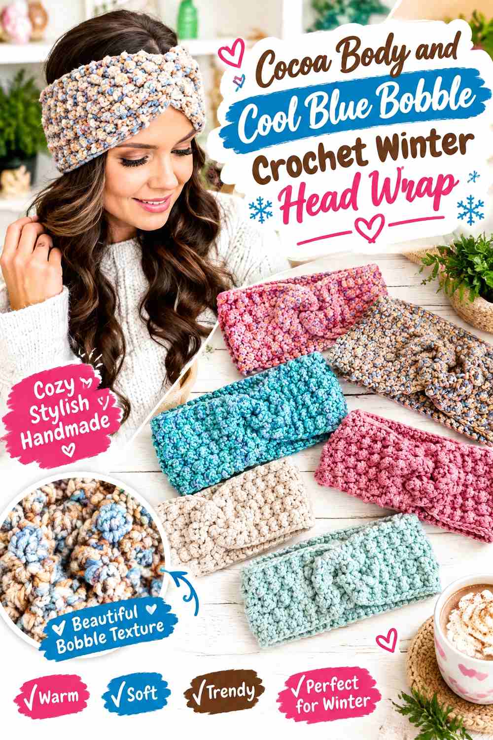 9. Cocoa Body And Cool Blue Bobble Crochet Winter Head Wrap