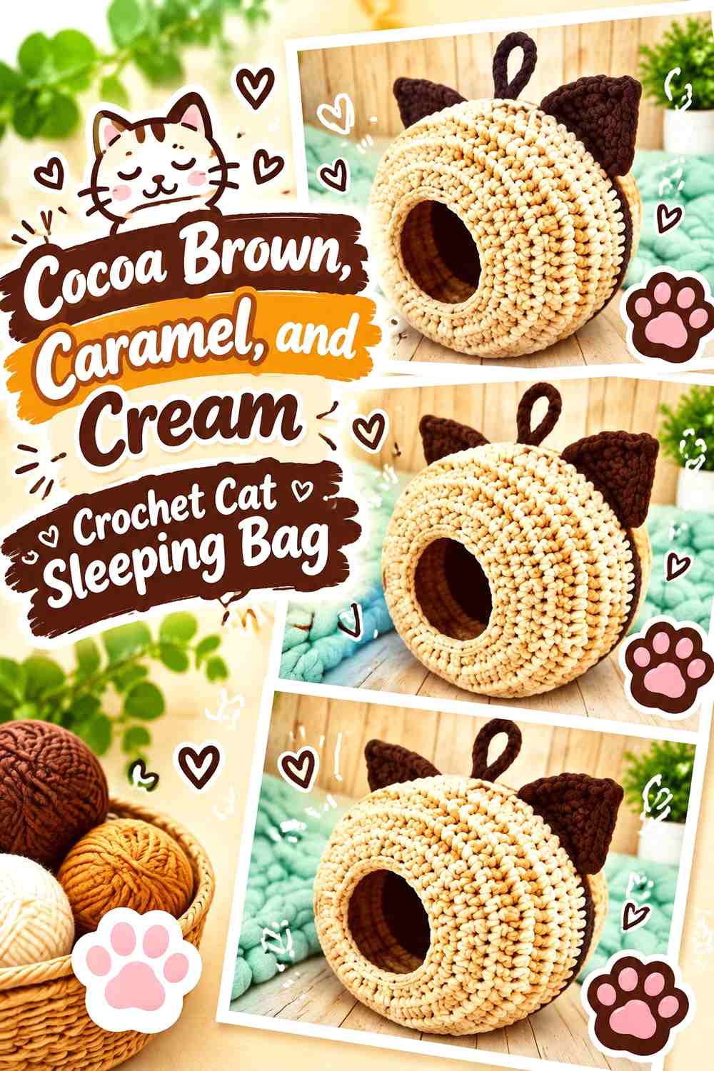 Cocoa Brown, Caramel, and Cream Crochet Cat Sleeping Bag