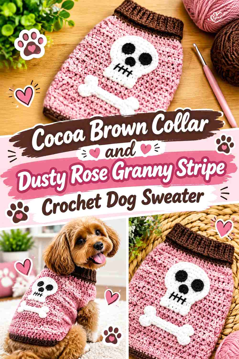 Cocoa Brown Collar and Dusty Rose Granny Stripe Crochet Dog Sweater