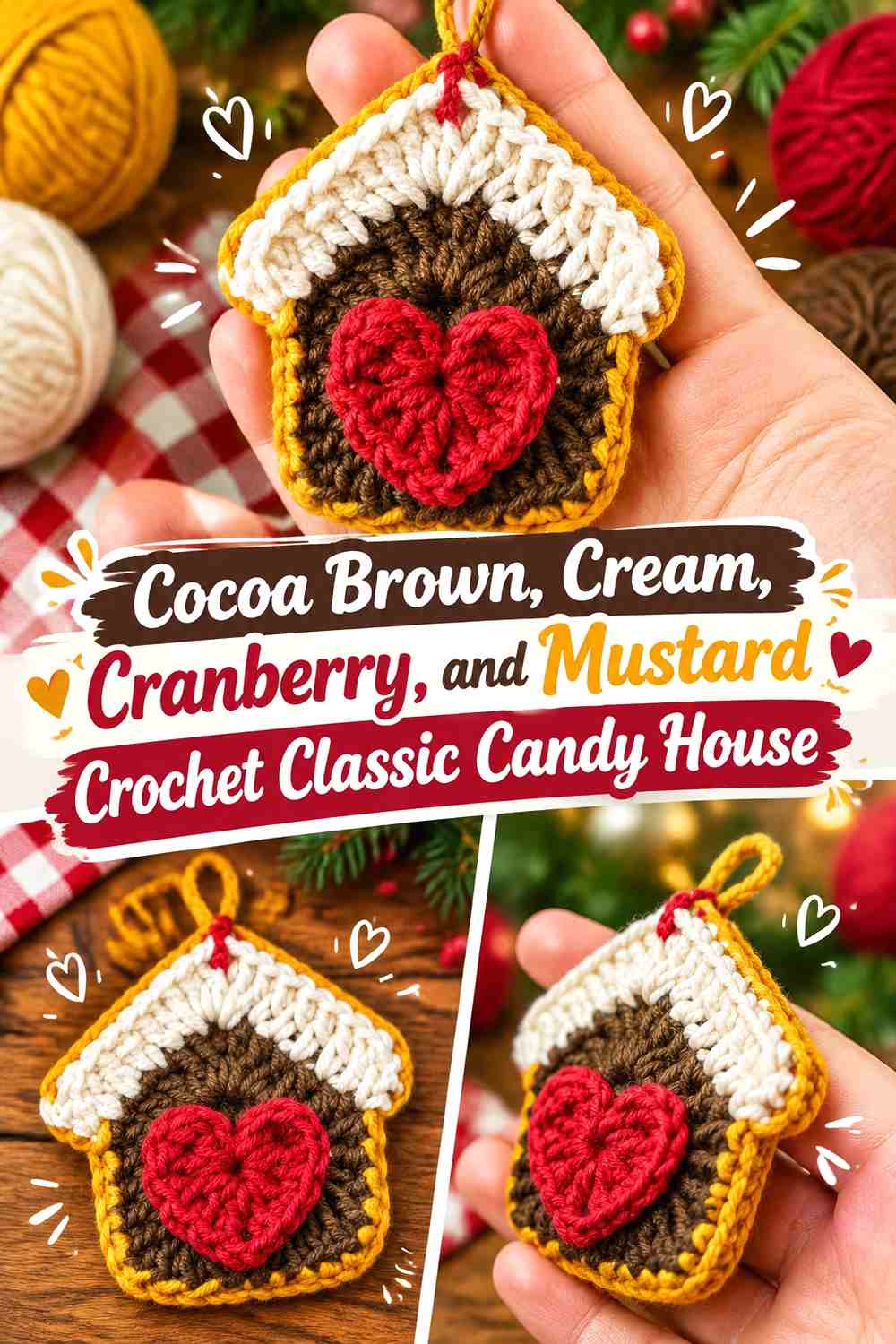 Cocoa Brown, Cream, Cranberry, and Mustard Crochet Classic Candy House