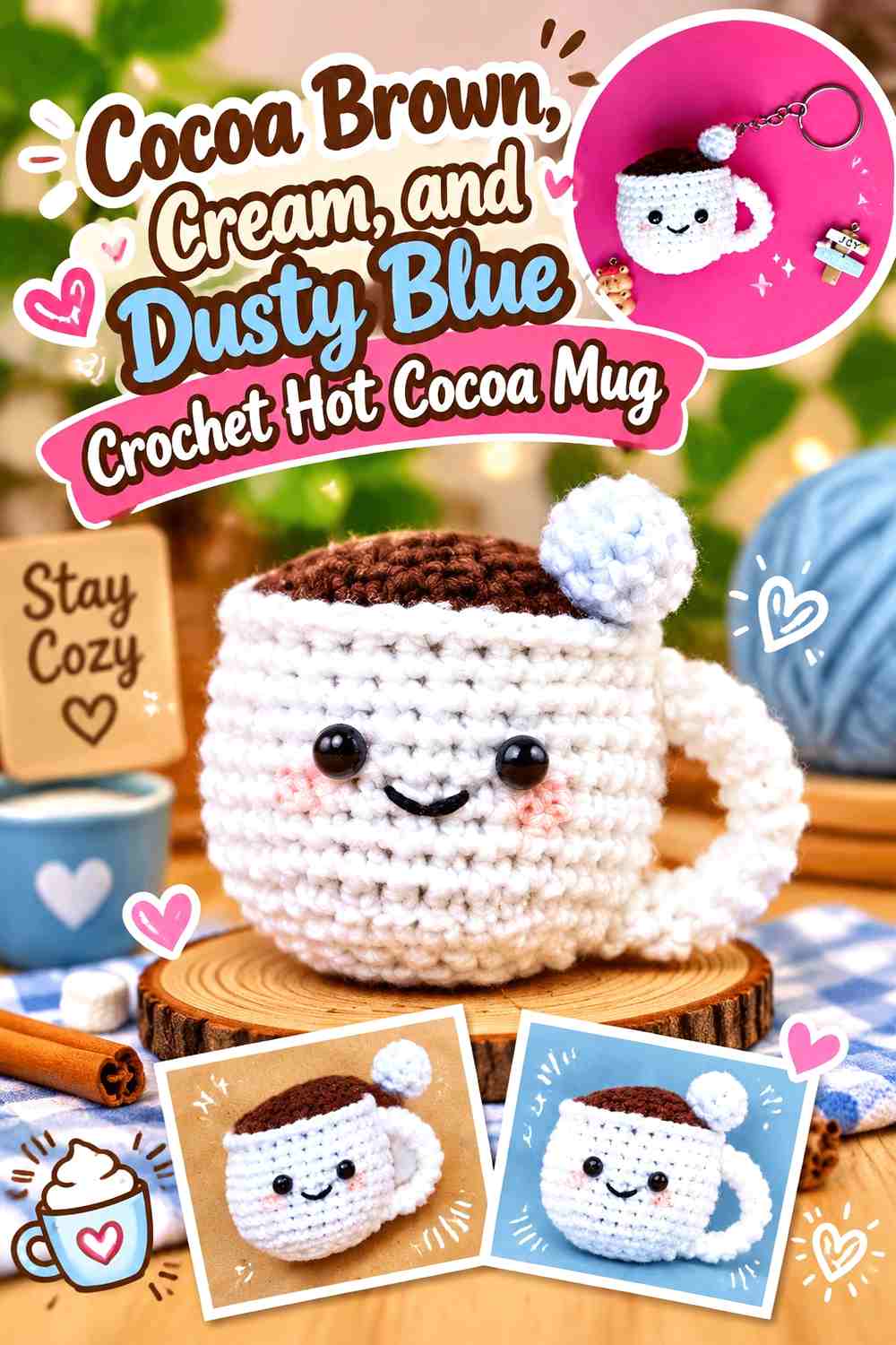 Cocoa Brown, Cream, and Dusty Blue Crochet Hot Cocoa Mug