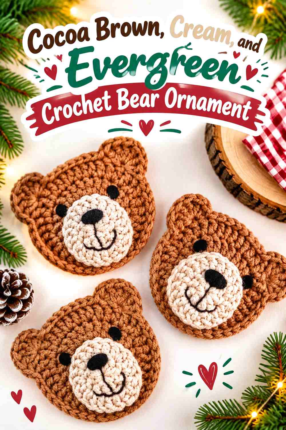 Cocoa Brown, Cream, and Evergreen Crochet Bear Ornament