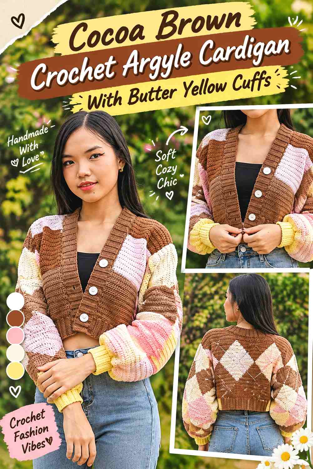 Cocoa Brown Crochet Argyle Cardigan With Butter Yellow Cuffs