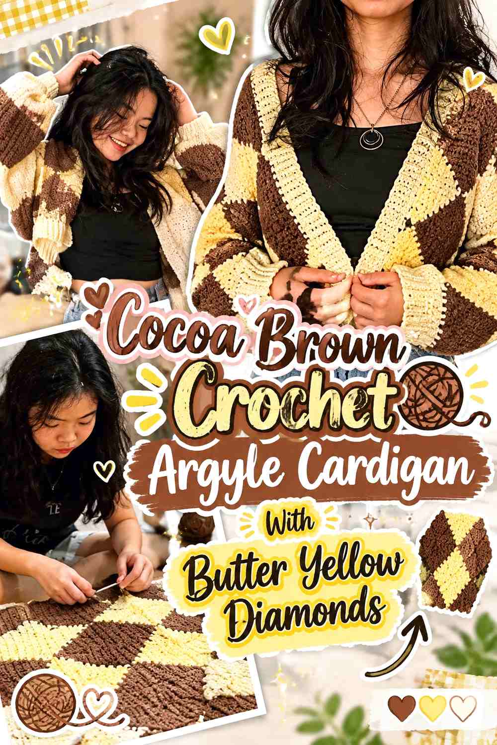 Cocoa Brown Crochet Argyle Cardigan With Butter Yellow Diamonds