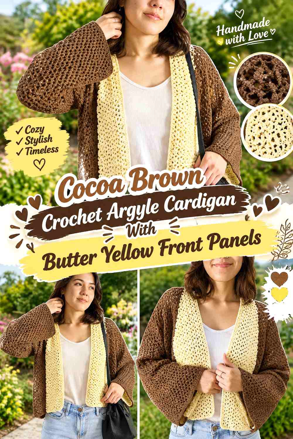 Cocoa Brown Crochet Argyle Cardigan With Butter Yellow Front Panels