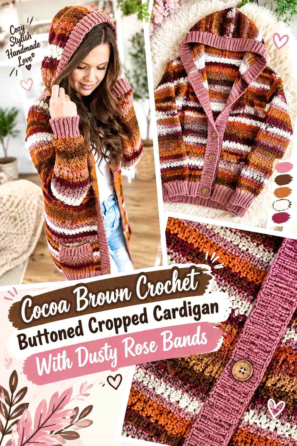Cocoa Brown Crochet Buttoned Cropped Cardigan With Dusty Rose Bands