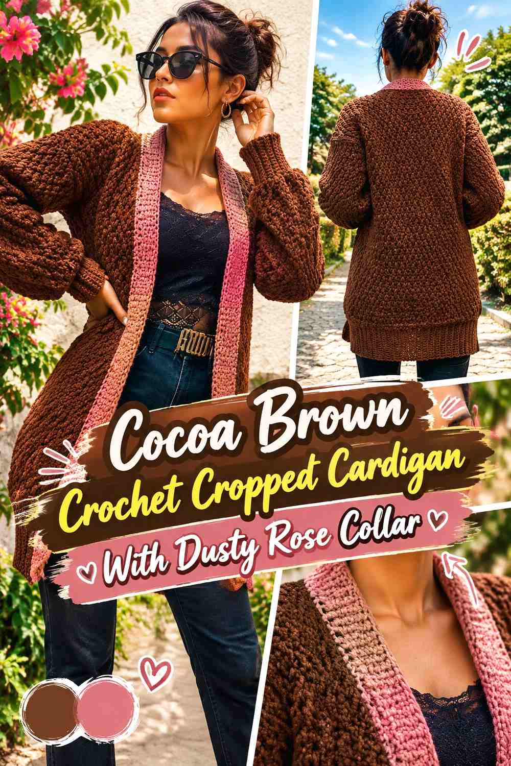 Cocoa Brown Crochet Cropped Cardigan With Dusty Rose Collar