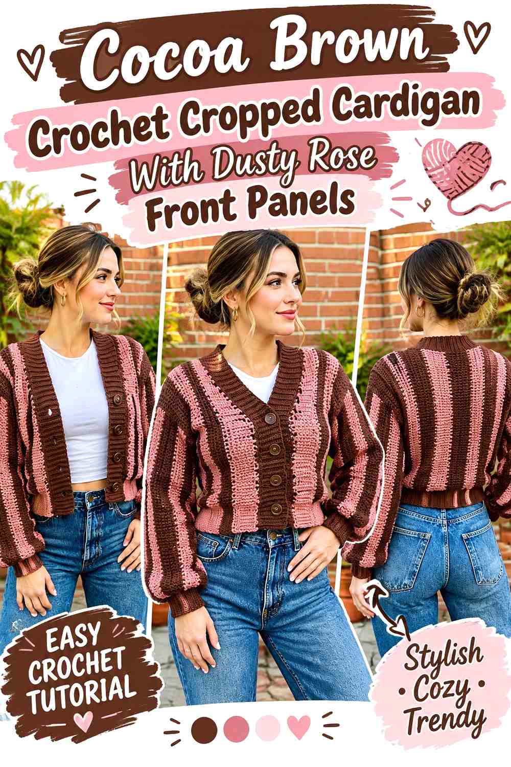 Cocoa Brown Crochet Cropped Cardigan With Dusty Rose Front Panels
