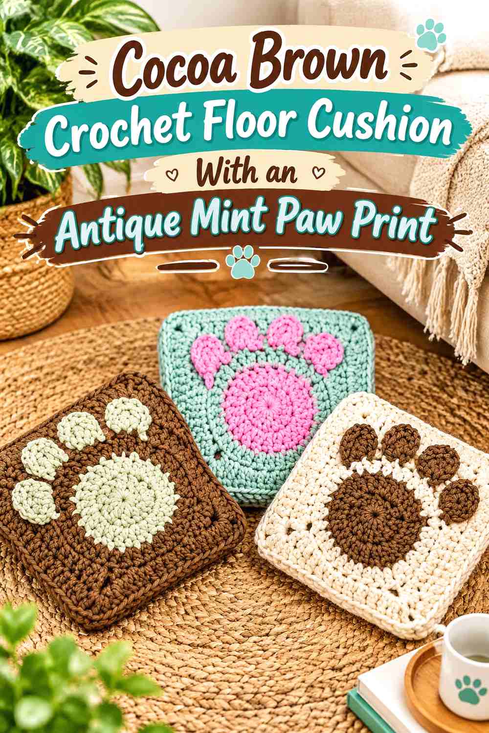 Cocoa Brown Crochet Floor Cushion With an Antique Mint Paw Print