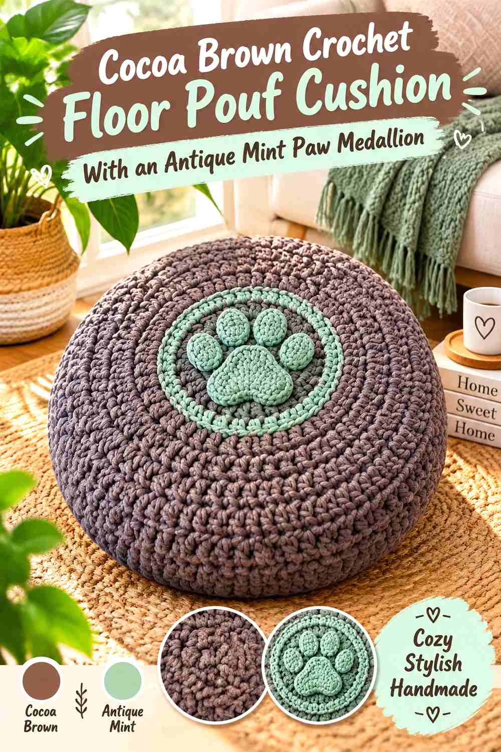 Cocoa Brown Crochet Floor Pouf Cushion With an Antique Mint Paw Medallion