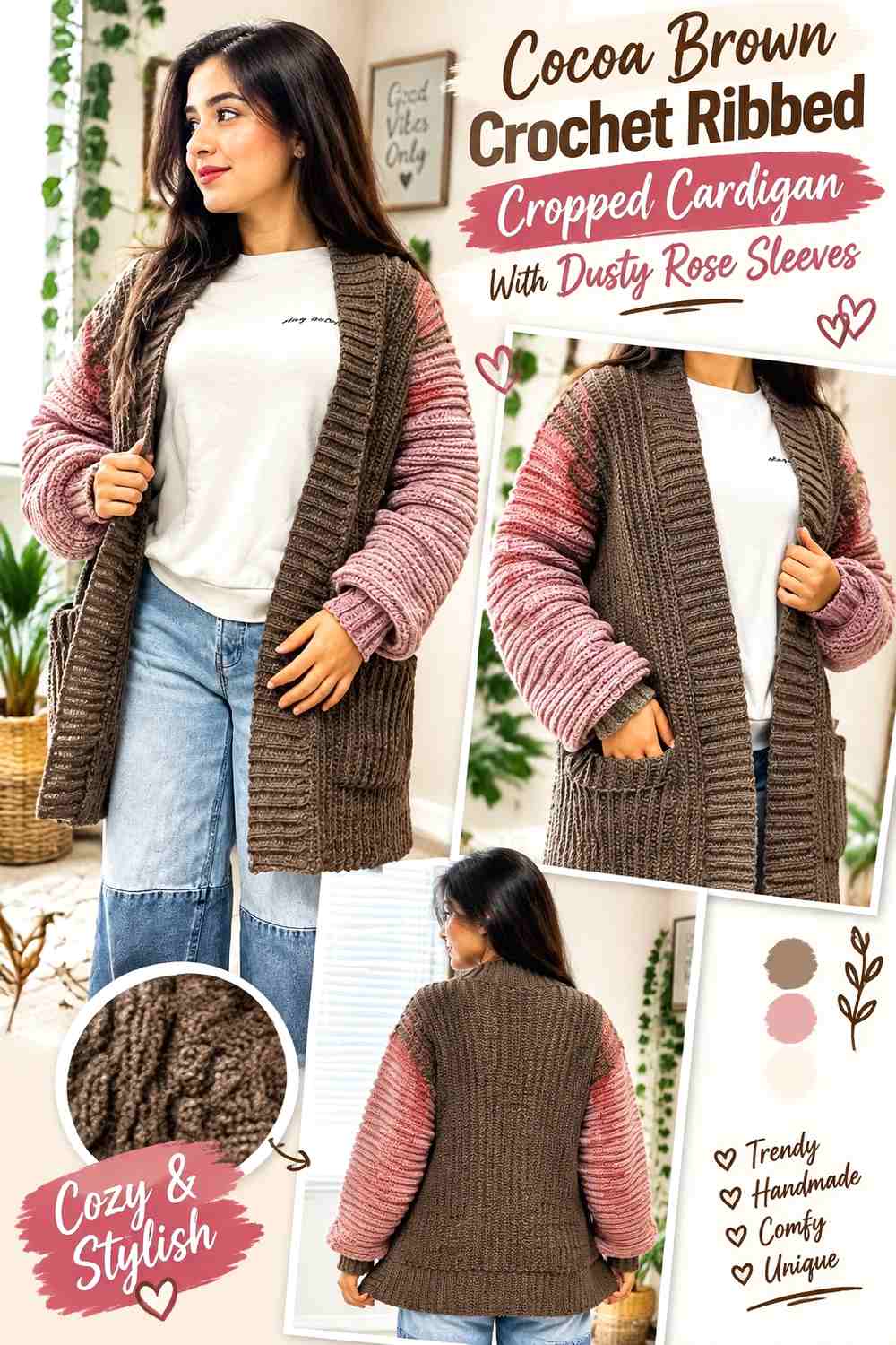 Cocoa Brown Crochet Ribbed Cropped Cardigan With Dusty Rose Sleeves