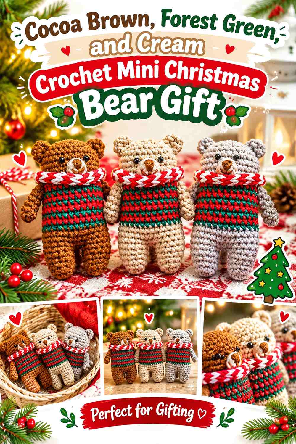Cocoa Brown, Forest Green, and Cream Crochet Mini Christmas Bear Gift